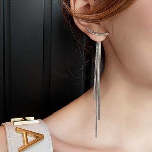 NEW 925 Silver Arc Bar Tassel Drop Earrings